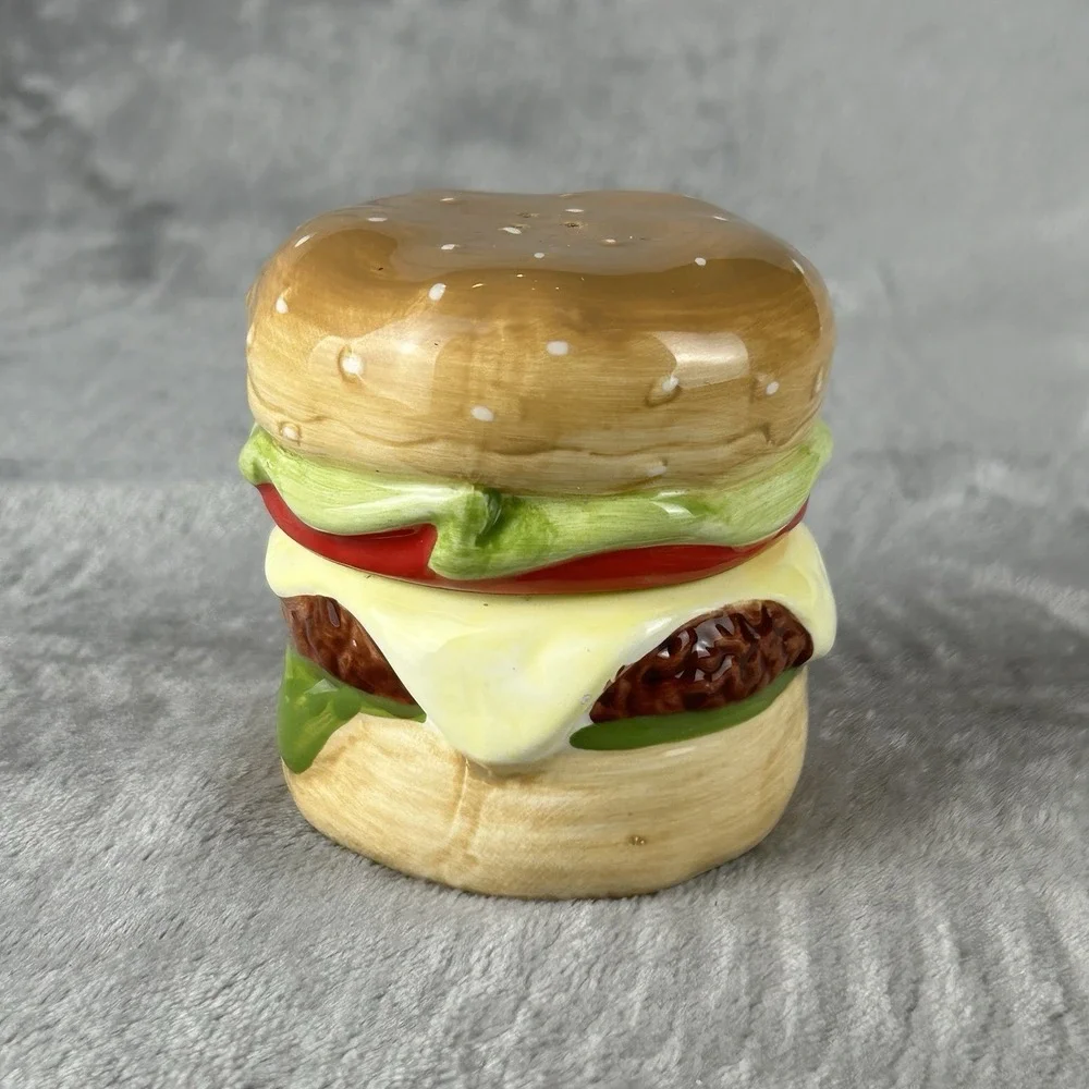 Pier 1 Imports Cheeseburger Deluxe Salt & Pepper Shakers Ceramic Stacking Kitsch